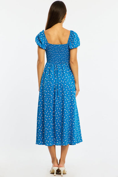 Blue Ditsy Midi Dress Puff Sleeve