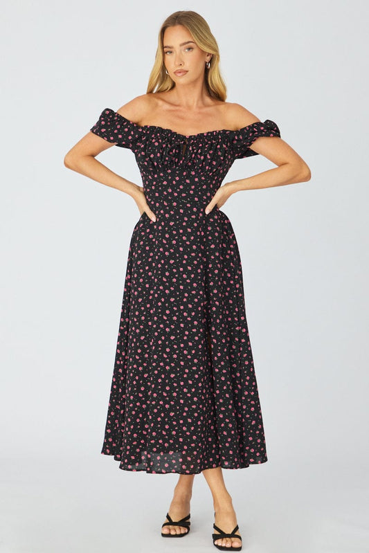 Black Ditsy Midi Dress Puff Sleeve