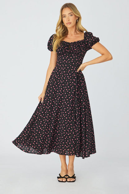 Black Ditsy Midi Dress Puff Sleeve