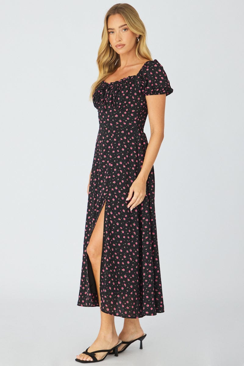 Black Ditsy Midi Dress Puff Sleeve