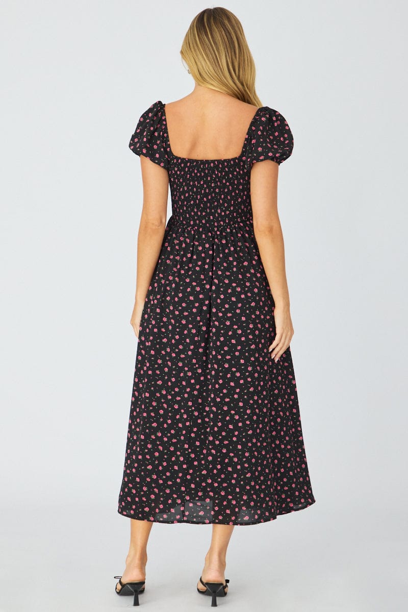 Black Ditsy Midi Dress Puff Sleeve