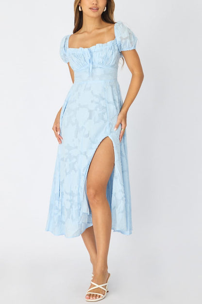 Blue Midi Dress Puff Sleeve