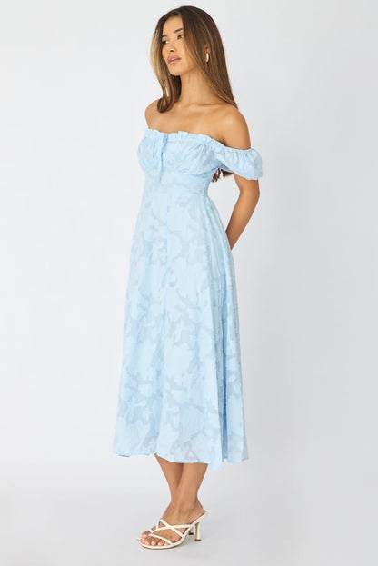 Blue Midi Dress Puff Sleeve