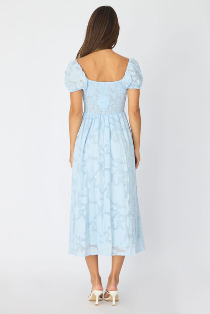 Blue Midi Dress Puff Sleeve