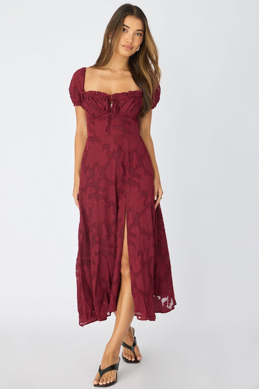 Red Midi Dress Puff Sleeve