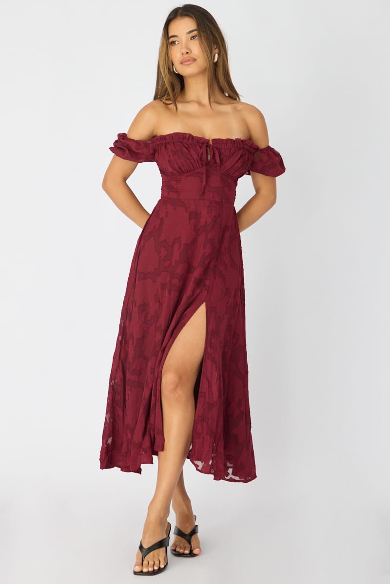 Red Midi Dress Puff Sleeve