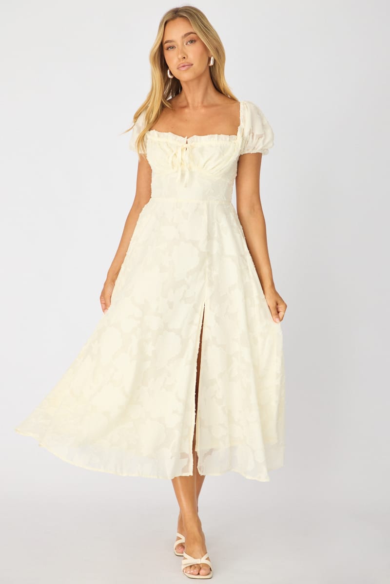 White Midi Dress Puff Sleeve