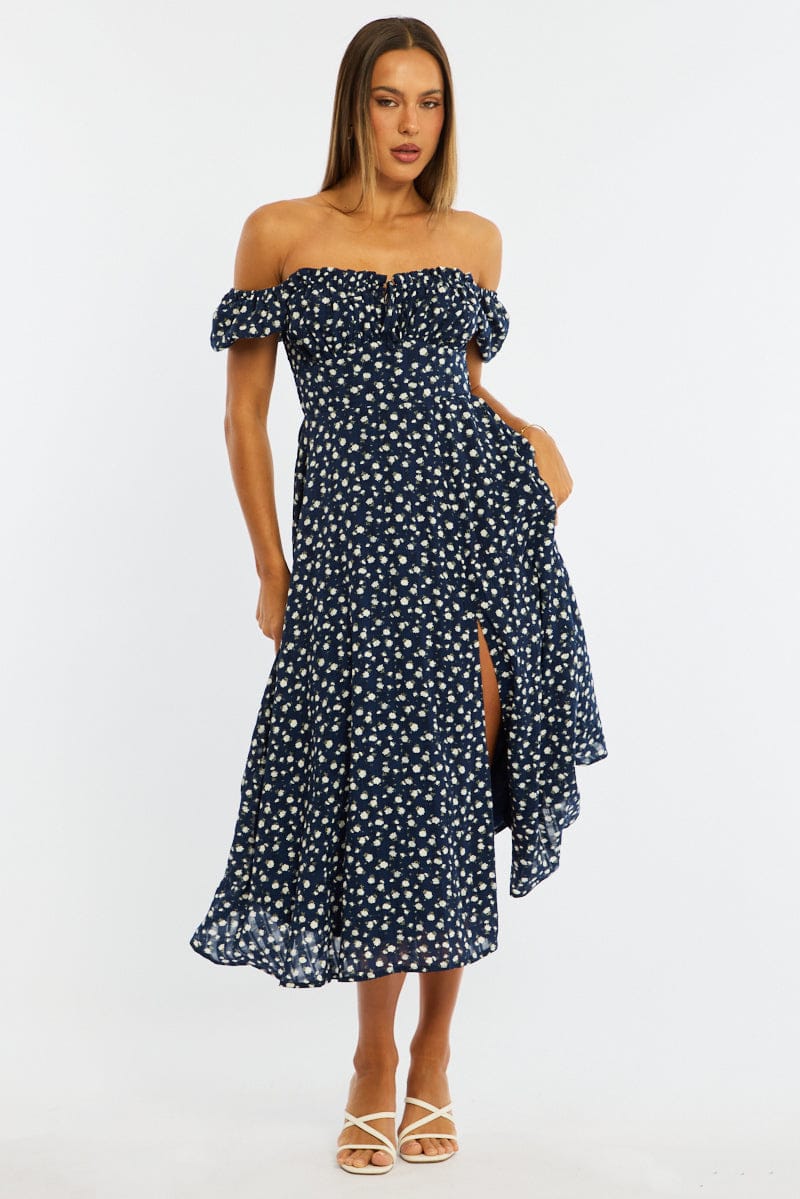 Blue Ditsy Midi Dress Puff Sleeve