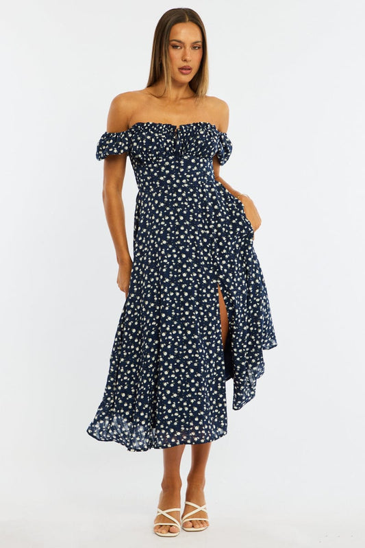 Blue Ditsy Midi Dress Puff Sleeve