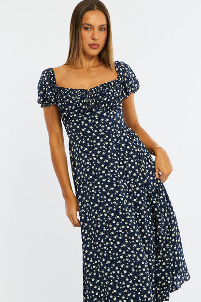 Blue Ditsy Midi Dress Puff Sleeve