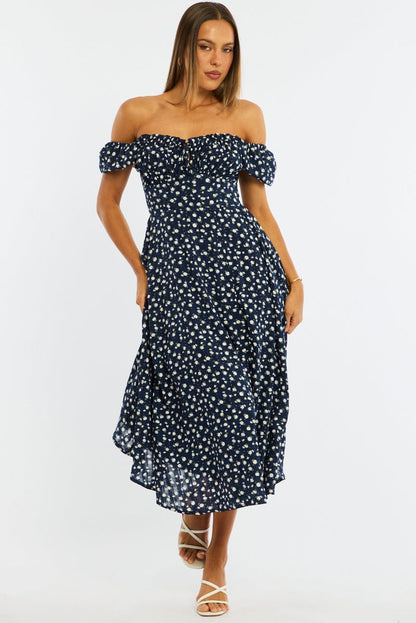 Blue Ditsy Midi Dress Puff Sleeve