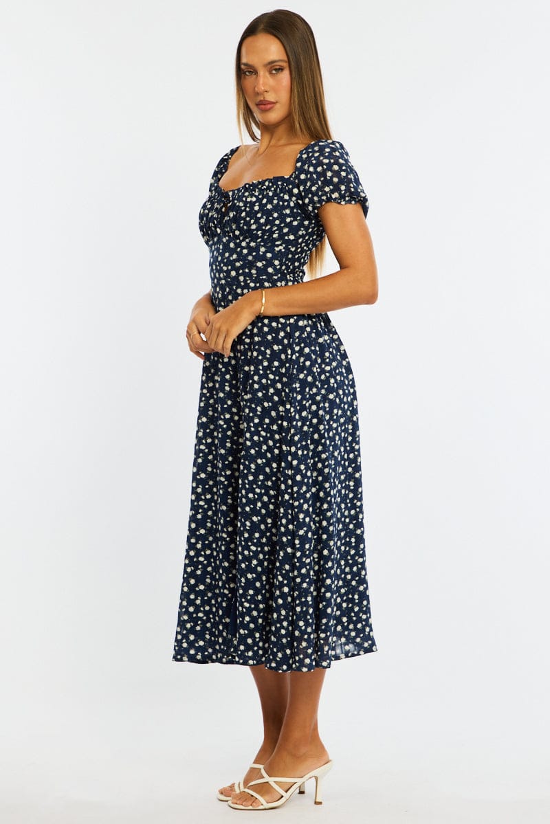 Blue Ditsy Midi Dress Puff Sleeve