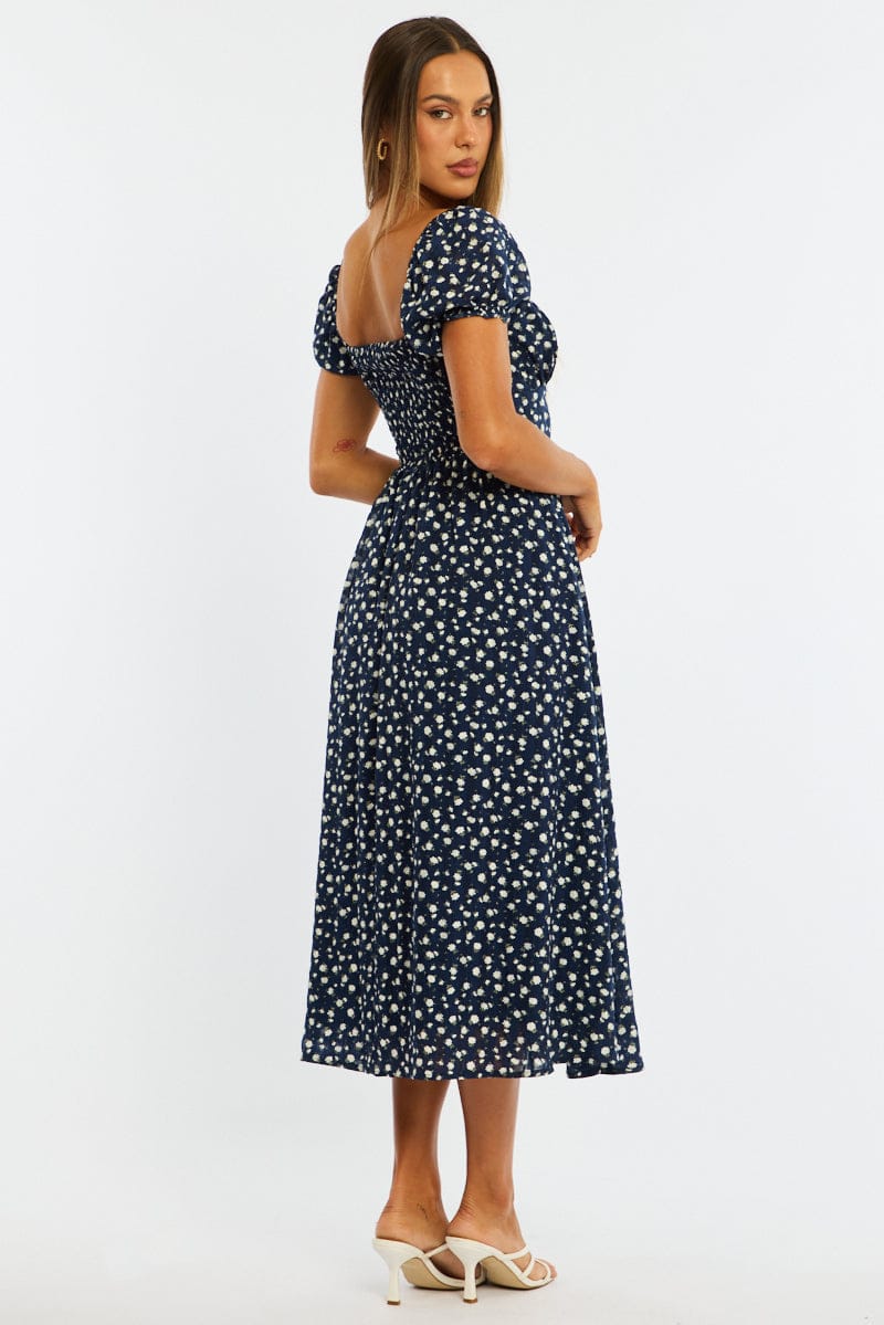 Blue Ditsy Midi Dress Puff Sleeve
