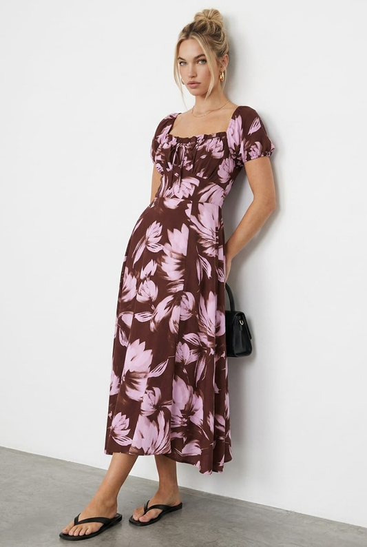 Purple Floral Midi Dress Puff Sleeve