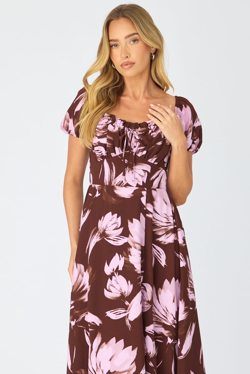 Purple Floral Midi Dress Puff Sleeve