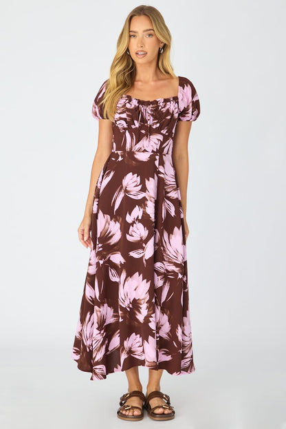 Purple Floral Midi Dress Puff Sleeve