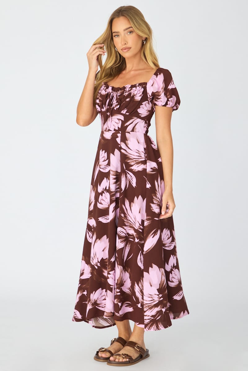 Purple Floral Midi Dress Puff Sleeve