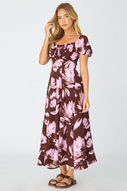 Purple Floral Midi Dress Puff Sleeve