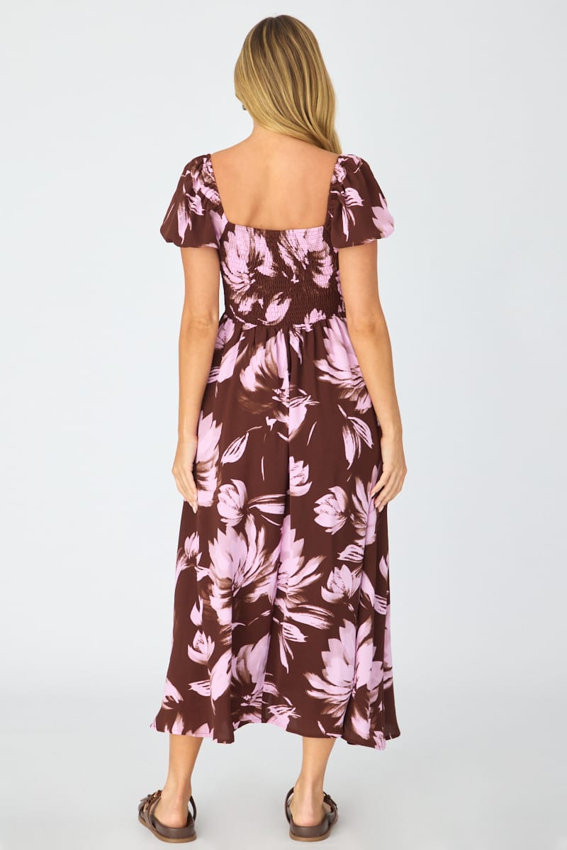 Purple Floral Midi Dress Puff Sleeve