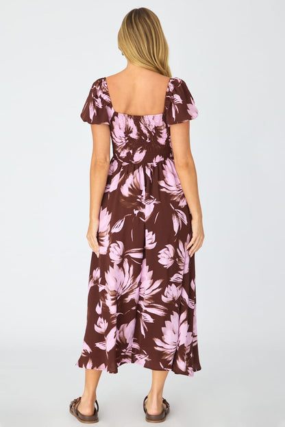 Purple Floral Midi Dress Puff Sleeve