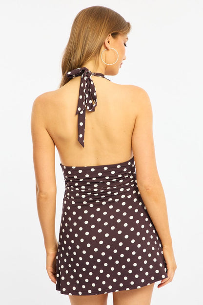 Brown Polka Dot Halter Neck Mini Dress