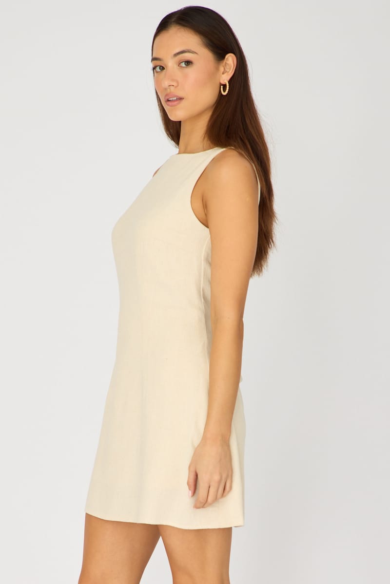 Beige Mini Dress Boat Neck