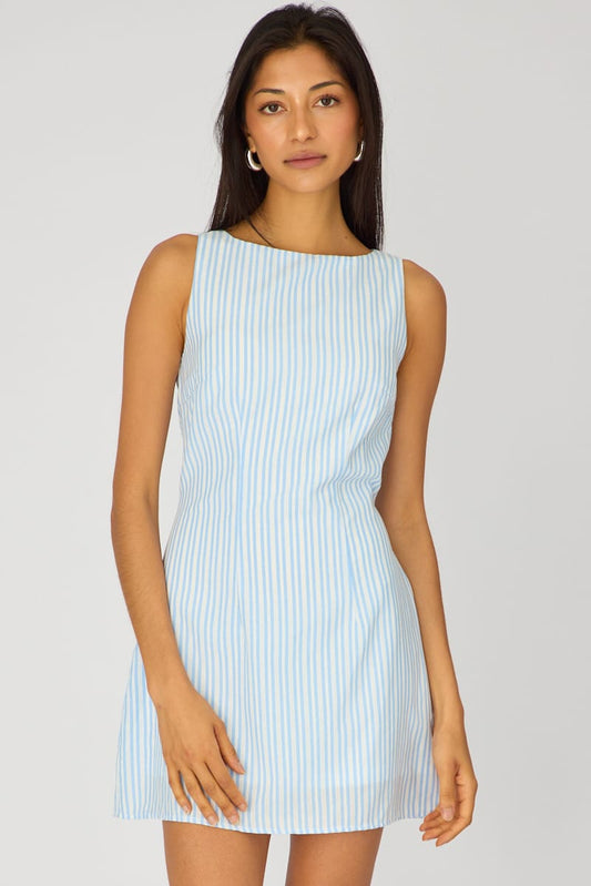 Blue Stripe Mini Dress Boat Neck