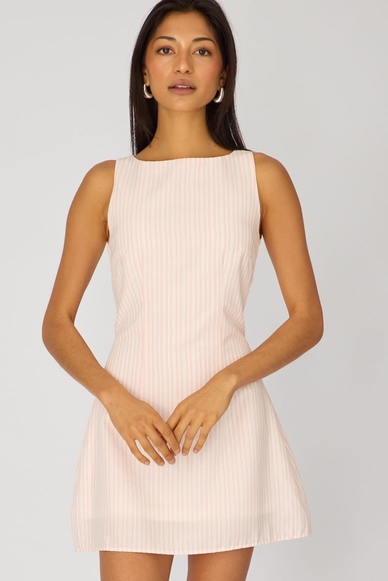Pink Stripe Mini Dress Boat Neck