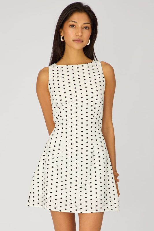 White Polka Dot Mini Dress Boat Neck