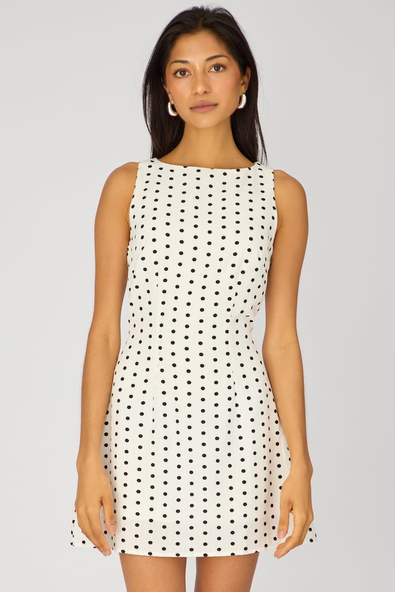 White Polka Dot Mini Dress Boat Neck