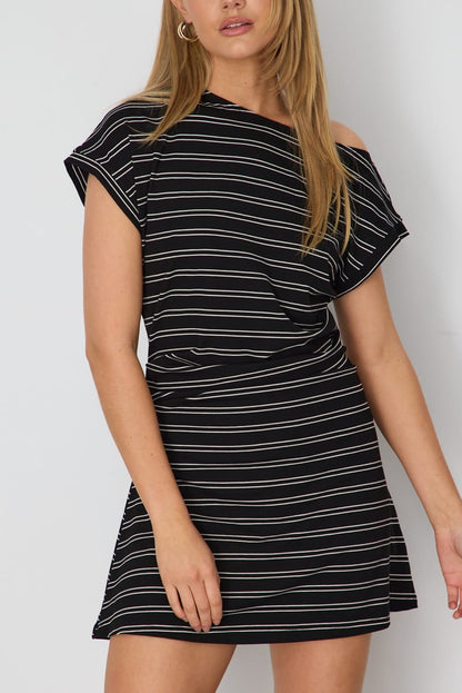 Black Stripe Asymmetrical Neckline Mini Dress