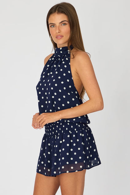 Blue Polka Dot High Neck Dress Mini Chiffon