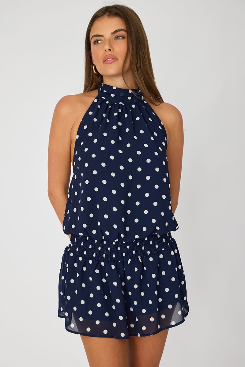 Blue Polka Dot High Neck Dress Mini Chiffon