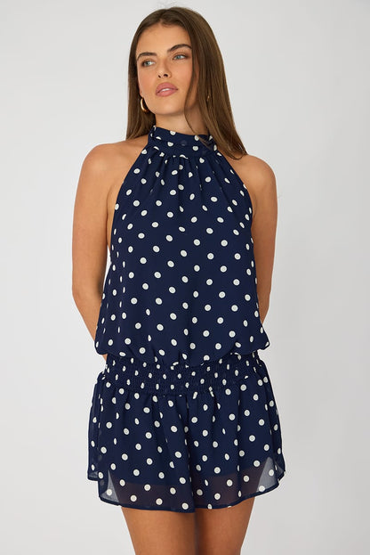 Blue Polka Dot High Neck Dress Mini Chiffon