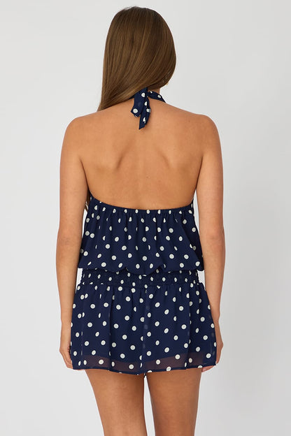 Blue Polka Dot High Neck Dress Mini Chiffon