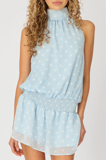 Blue Polka Dot High Neck Dress Mini Chiffon