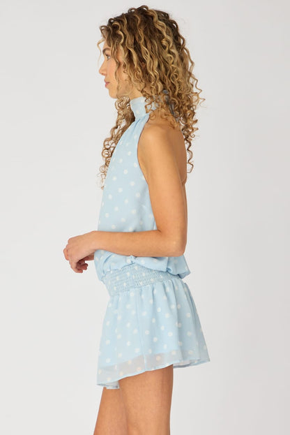 Blue Polka Dot High Neck Dress Mini Chiffon