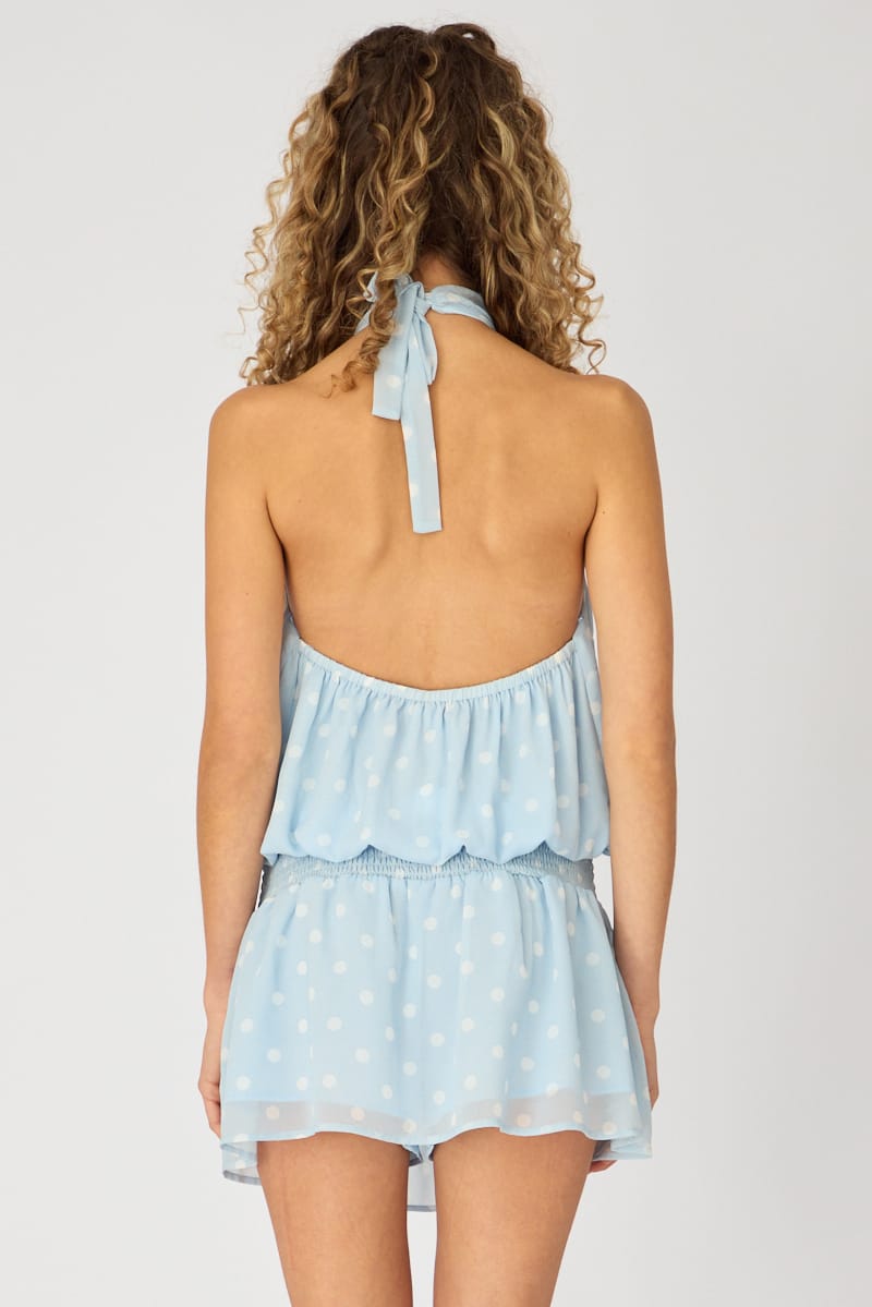 Blue Polka Dot High Neck Dress Mini Chiffon