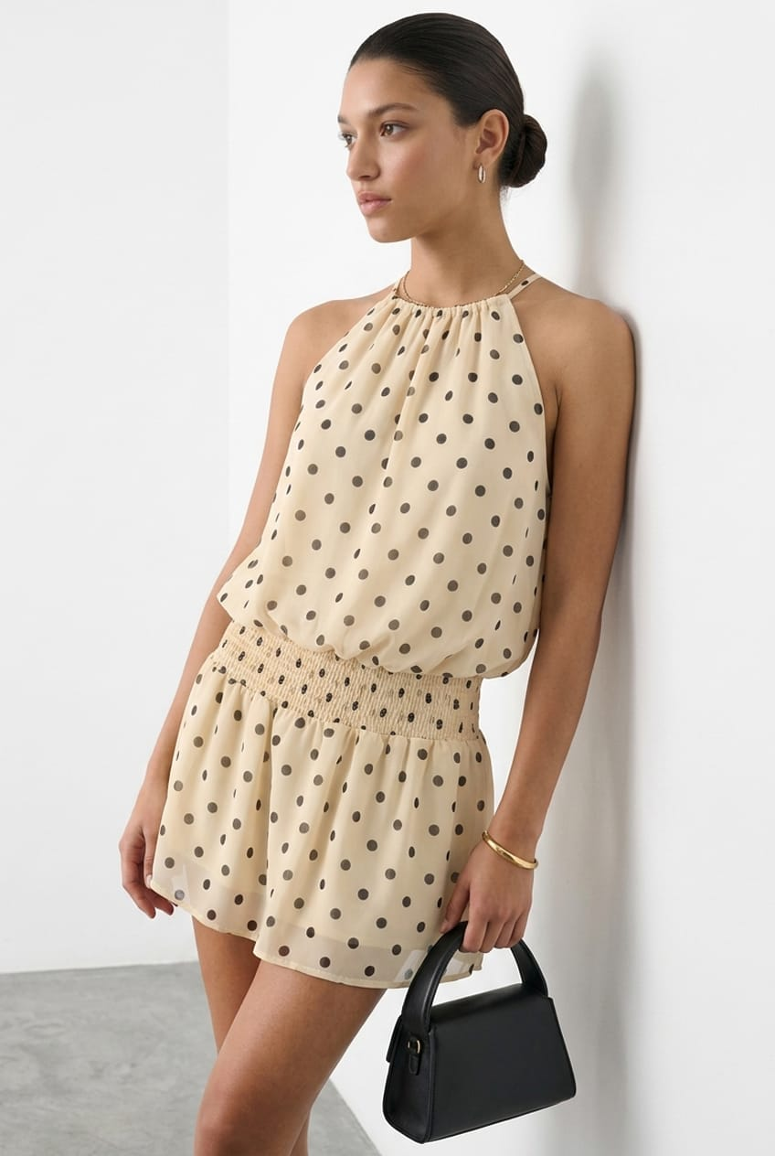 Beige Polka Dot High Neck Dress Mini Chiffon