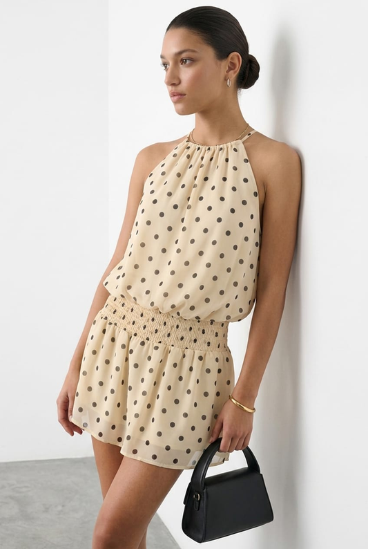 Beige Polka Dot High Neck Dress Mini Chiffon