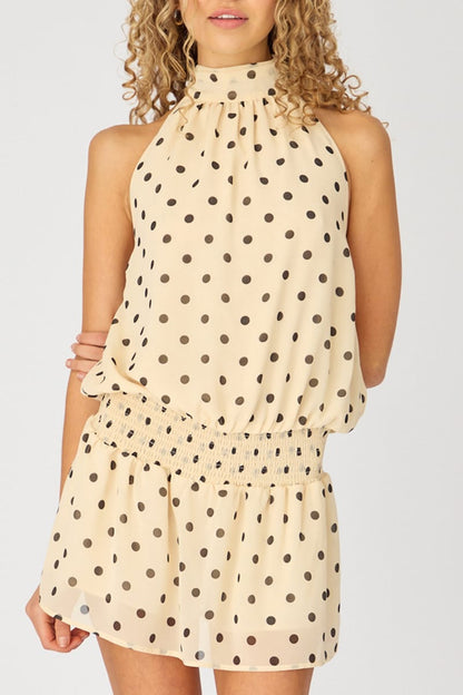 Beige Polka Dot High Neck Dress Mini Chiffon