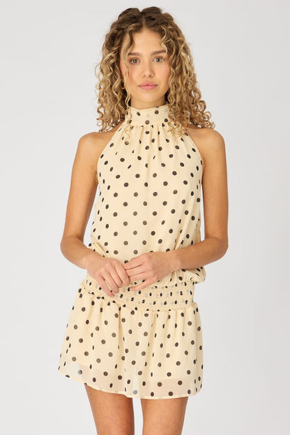 Beige Polka Dot High Neck Dress Mini Chiffon
