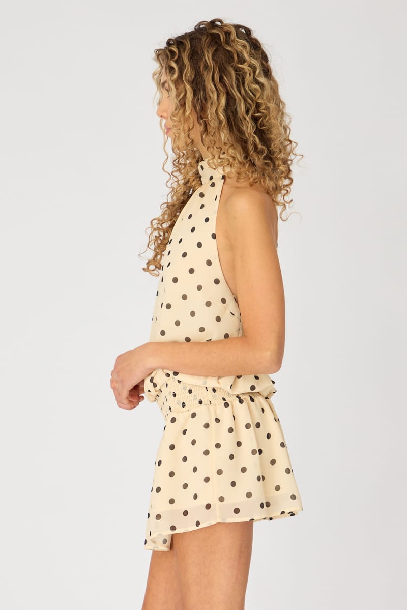 Beige Polka Dot High Neck Dress Mini Chiffon