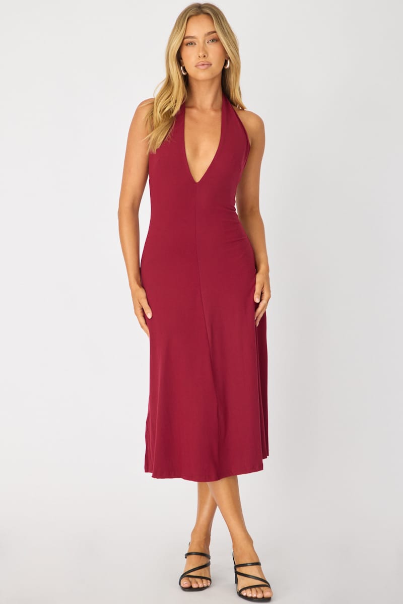 Red Midi Dress Deep V-neck