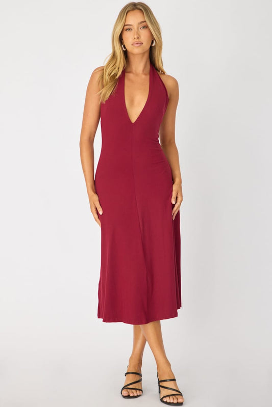 Red Midi Dress Deep V-neck