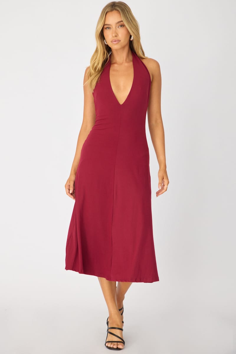 Red Midi Dress Deep V-neck