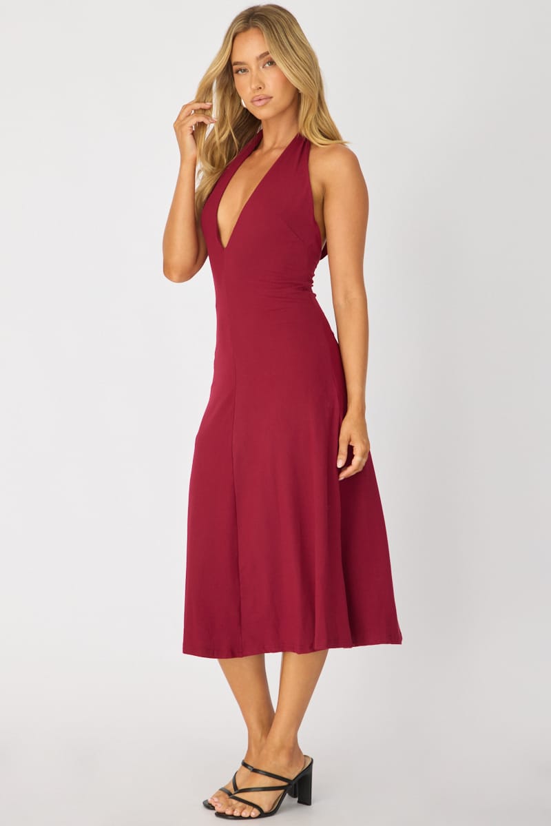Red Midi Dress Deep V-neck