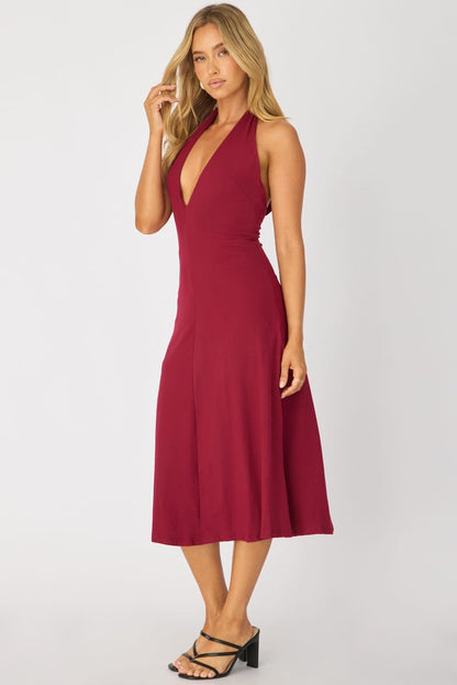 Red Midi Dress Deep V-neck