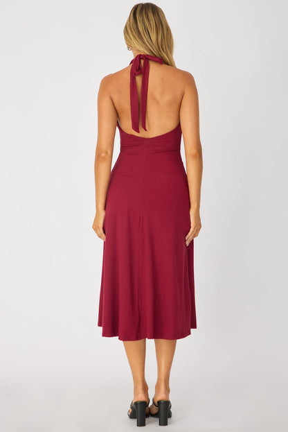 Red Midi Dress Deep V-neck