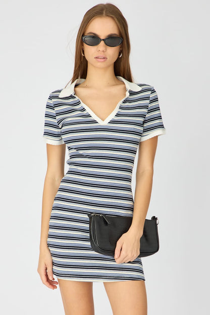 Blue Stripe Contrast Collar Short Sleeve Mini Dress